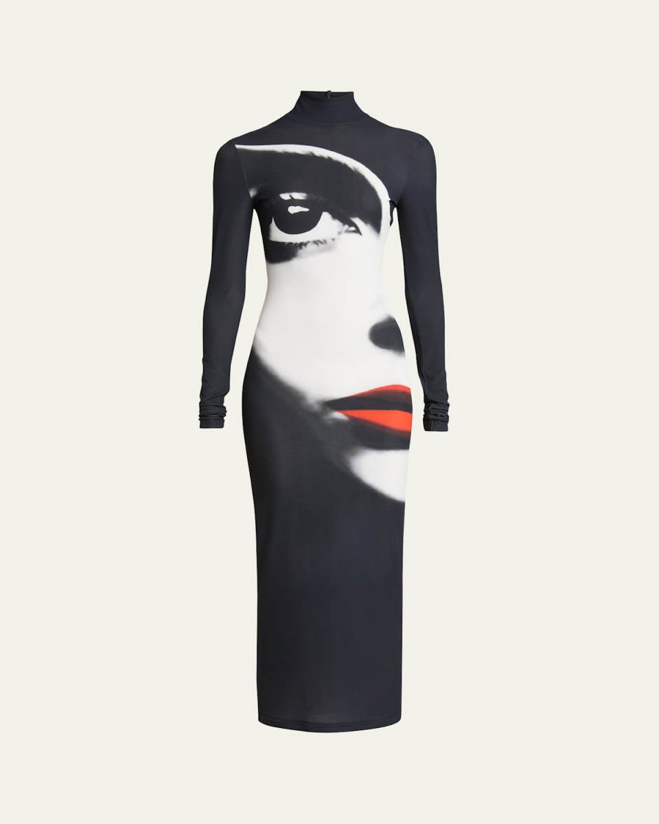 Long High-Neck Face Print Dress